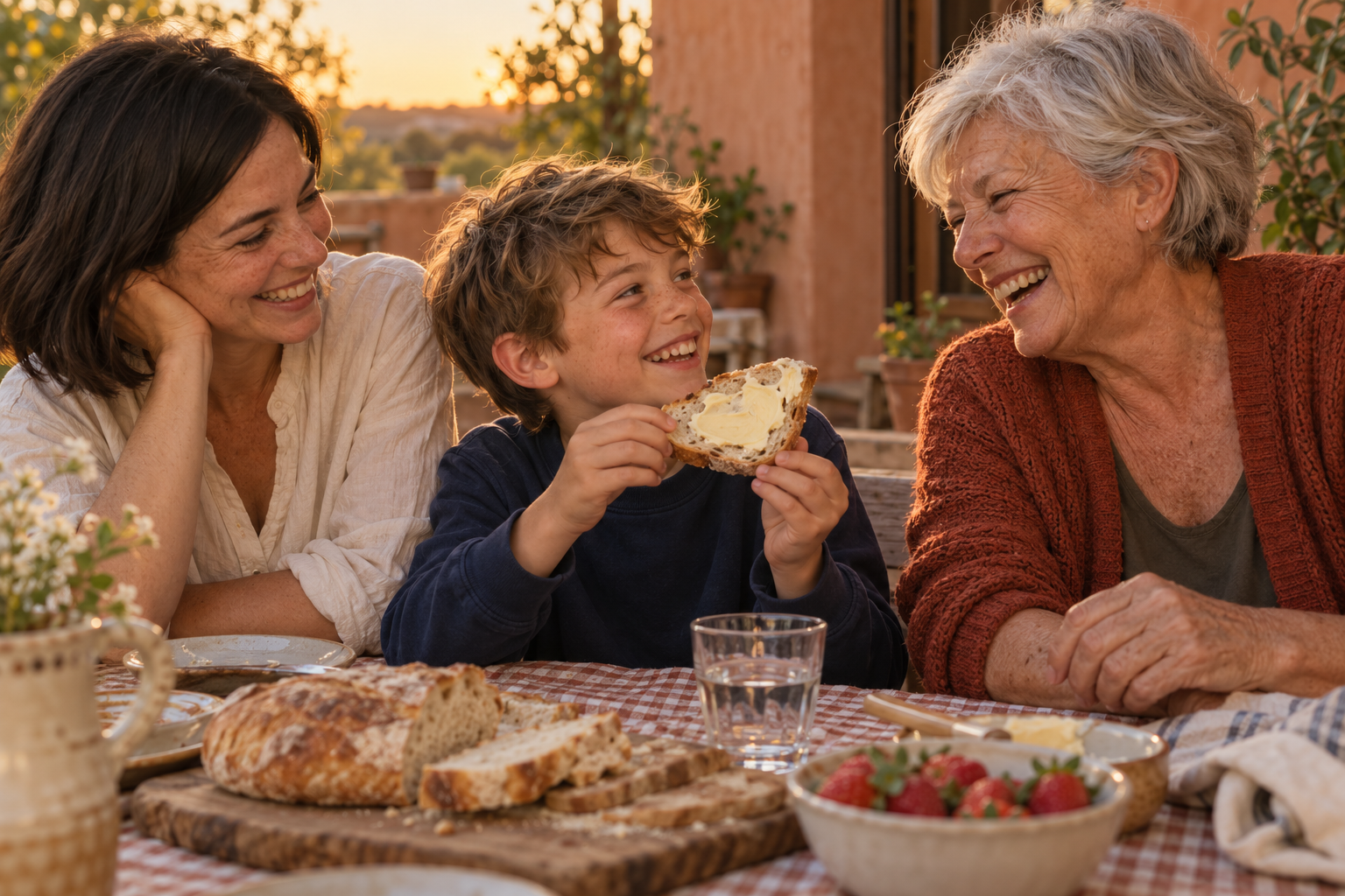 Three generations sharing a happy moment outdoors