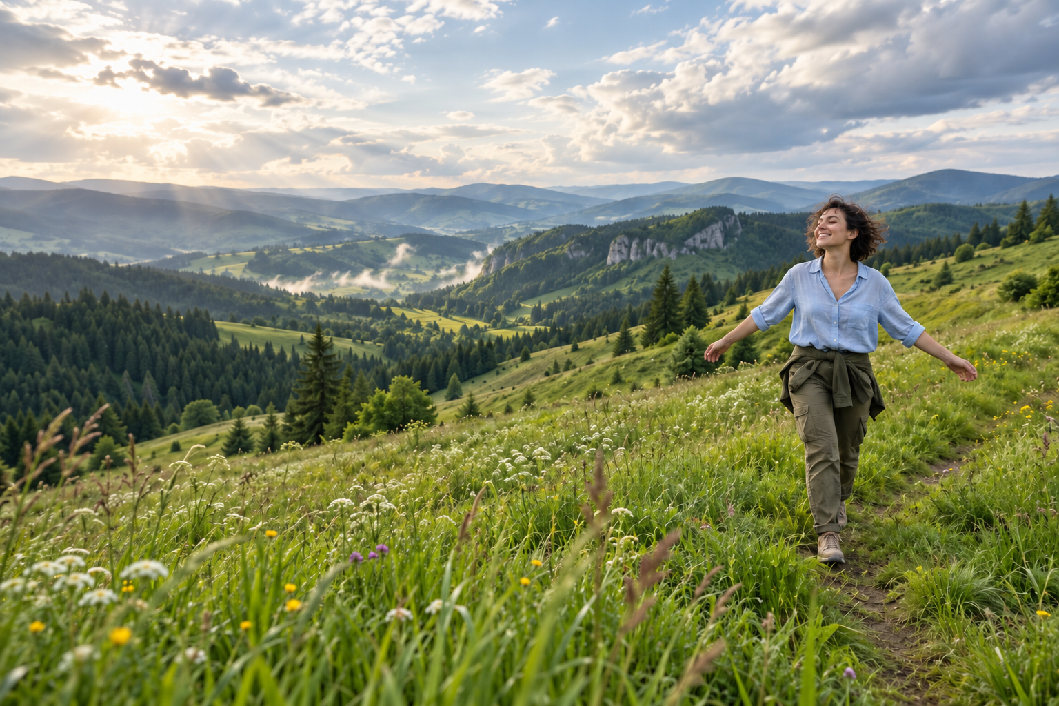A woman enjoying open green countryside
