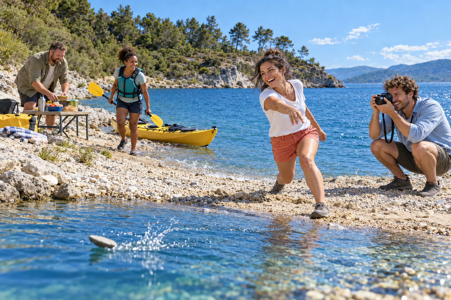 Friends enjoying different activities beside a lake