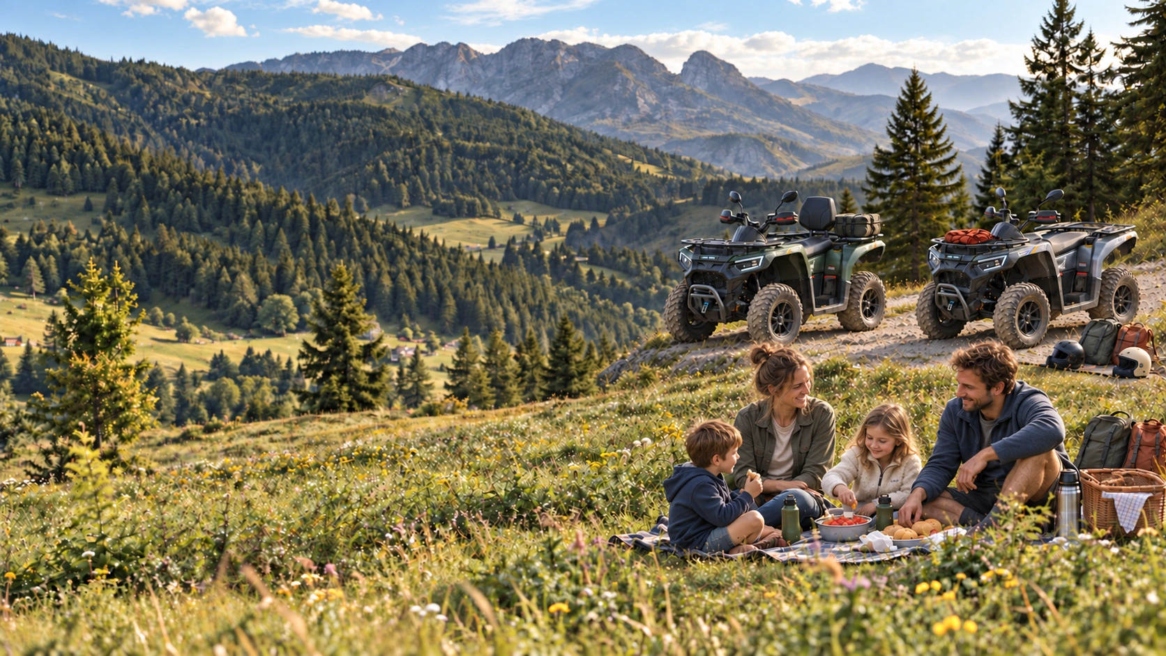 Family picnic above a forest valley with two parked Carpath ATVs, bags and helmets