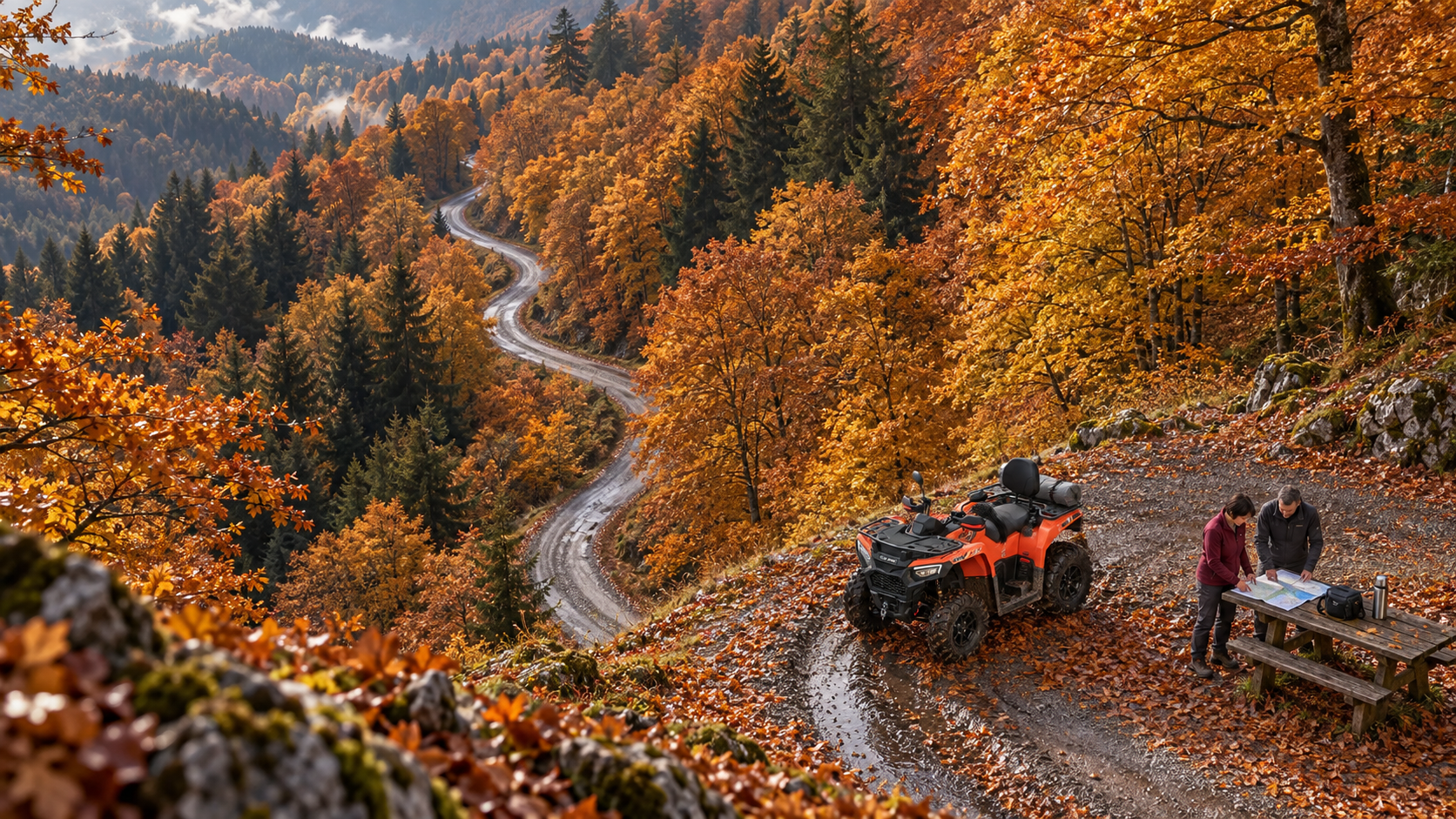 Friends beside an orange ATV625L in autumn woodland