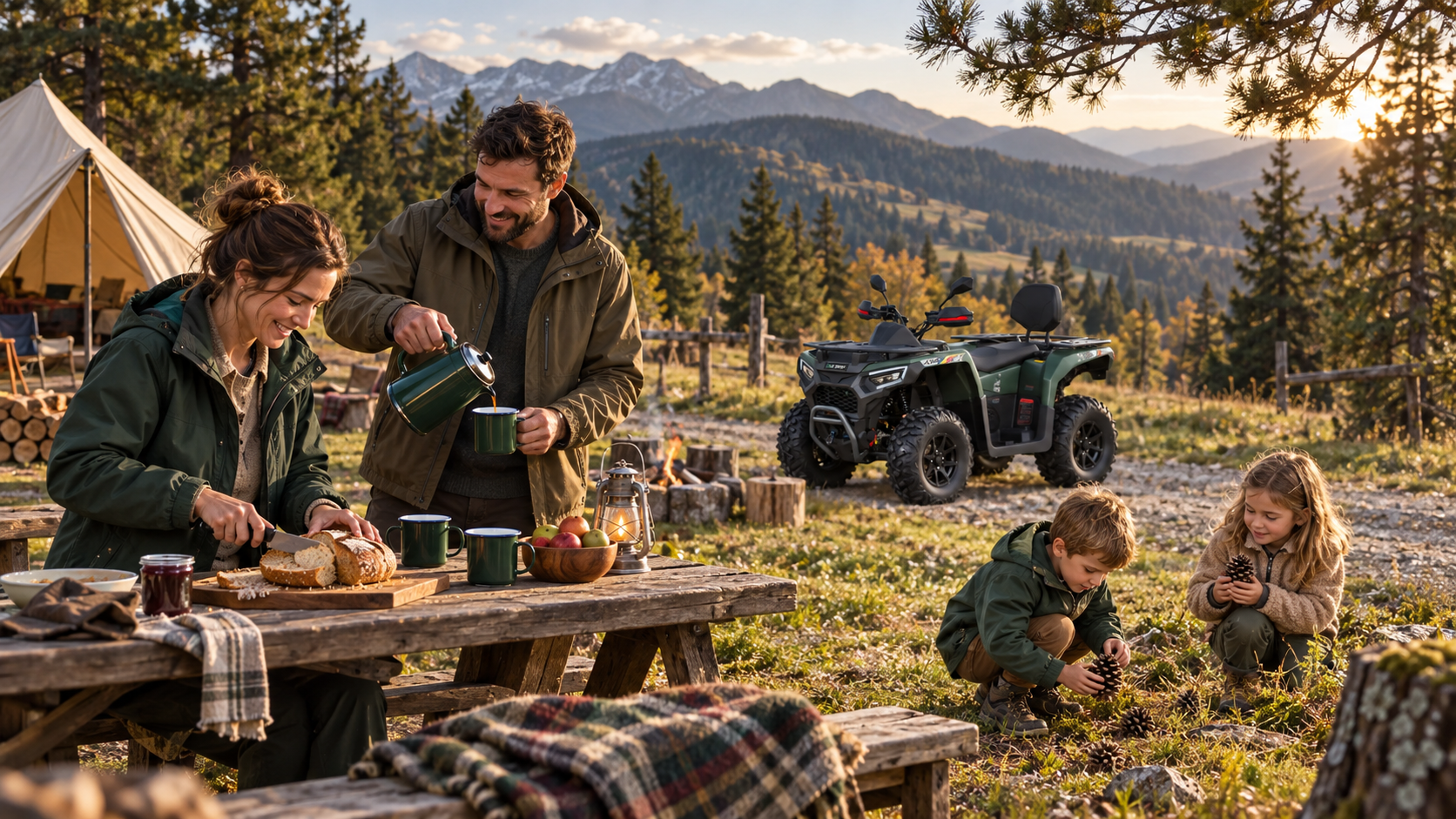 An outdoor lunch with family and a parked ATV