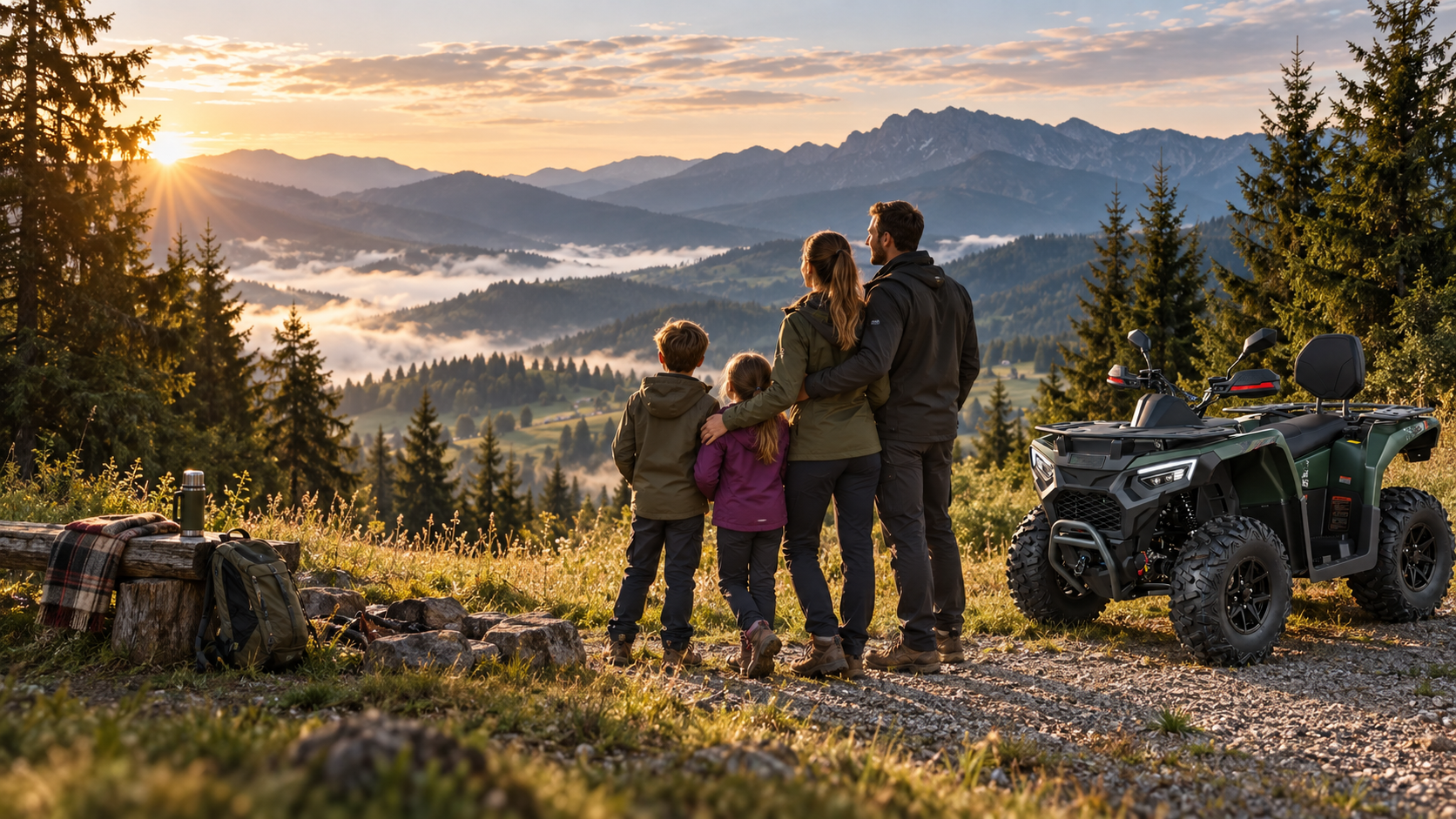 A family looking across the valley beside a parked ATV